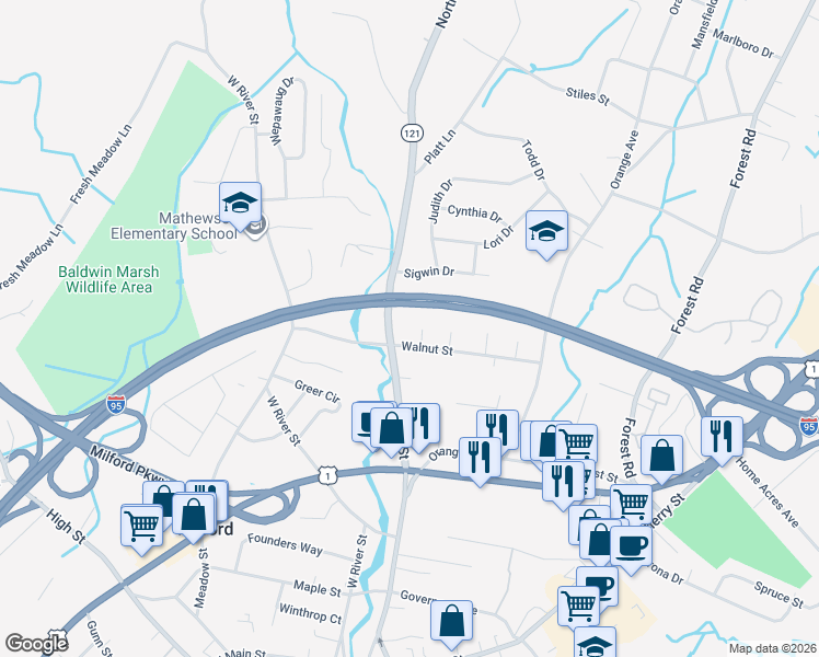 map of restaurants, bars, coffee shops, grocery stores, and more near 18 Bon Air Circle in Milford