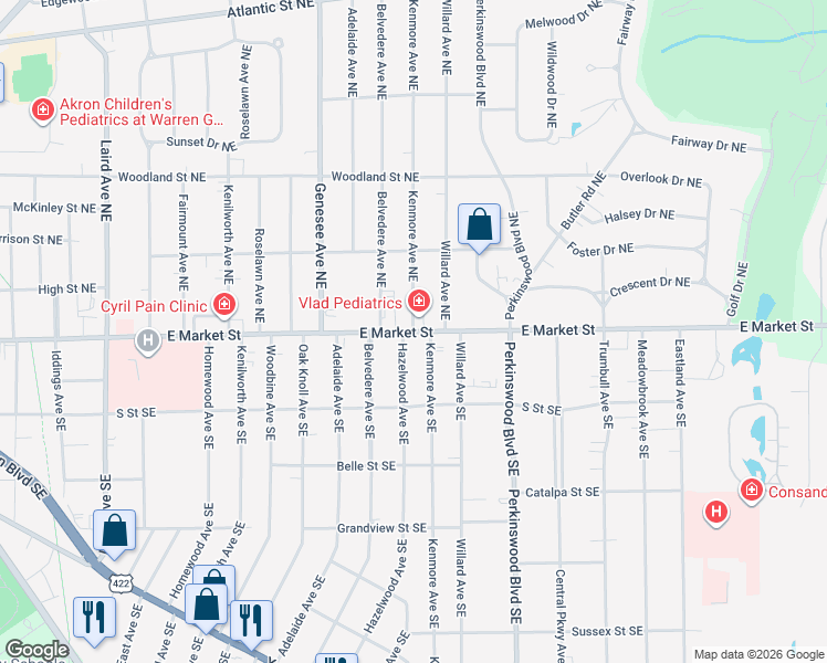 map of restaurants, bars, coffee shops, grocery stores, and more near E Market St & Kenmore Ave NE in Warren