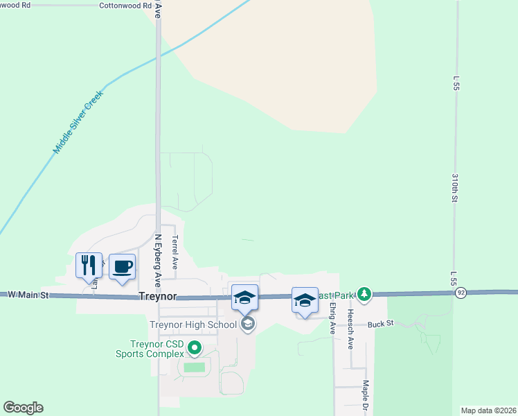 map of restaurants, bars, coffee shops, grocery stores, and more near 109 Firethorn Drive in Treynor