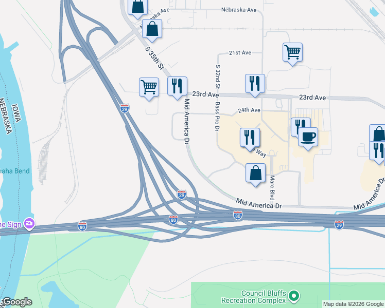 map of restaurants, bars, coffee shops, grocery stores, and more near S 33rd St in Council Bluffs