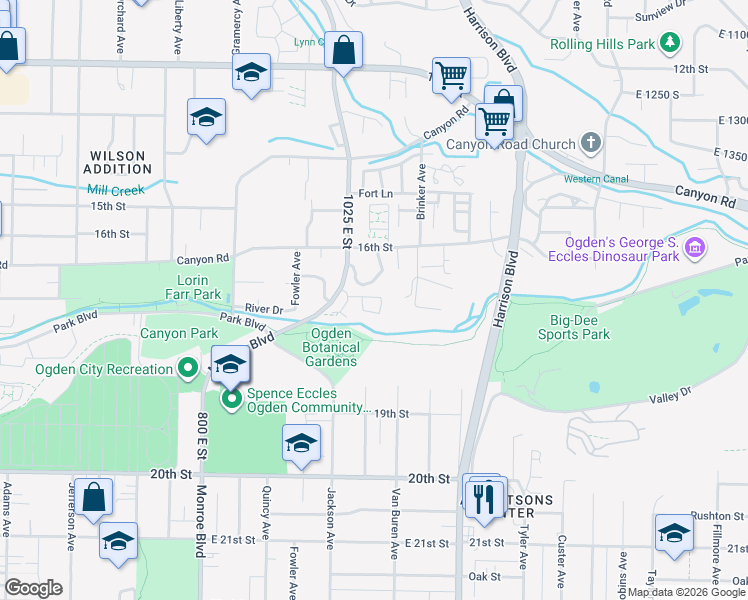 map of restaurants, bars, coffee shops, grocery stores, and more near 1684 1085 East in Ogden
