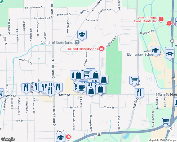 map of restaurants, bars, coffee shops, grocery stores, and more near 2300-2498 Garden Way in Hermitage