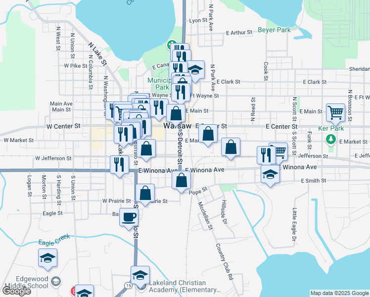 map of restaurants, bars, coffee shops, grocery stores, and more near 201 South Detroit Street in Warsaw