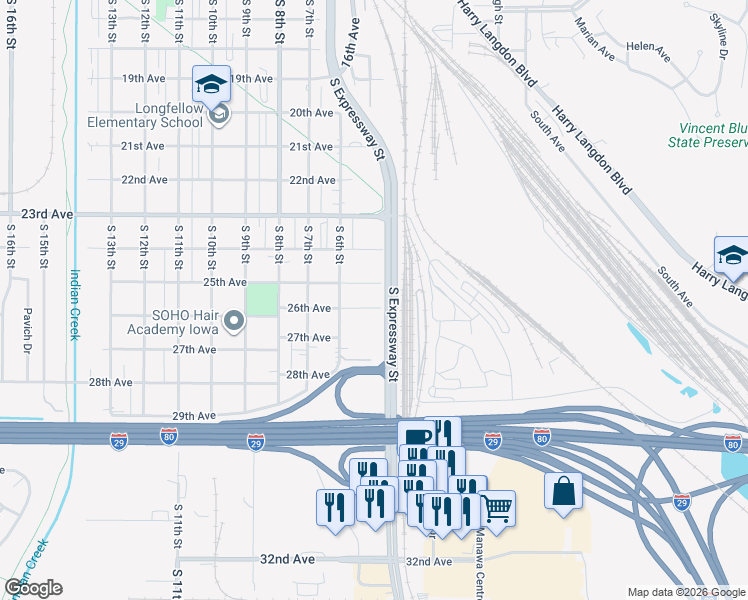 map of restaurants, bars, coffee shops, grocery stores, and more near 418 26th Avenue in Council Bluffs