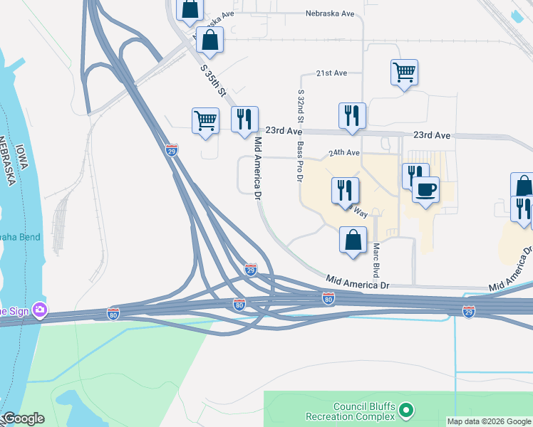 map of restaurants, bars, coffee shops, grocery stores, and more near S 33rd St in Council Bluffs