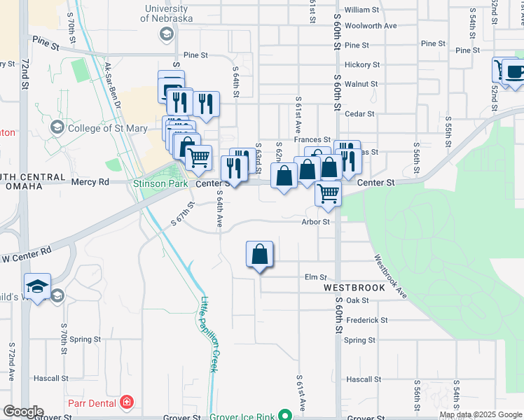 map of restaurants, bars, coffee shops, grocery stores, and more near 2313 South 63rd Street in Omaha