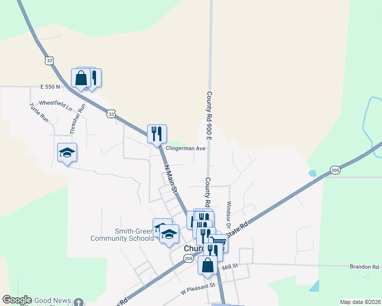 map of restaurants, bars, coffee shops, grocery stores, and more near 218 Clingerman Avenue in Churubusco