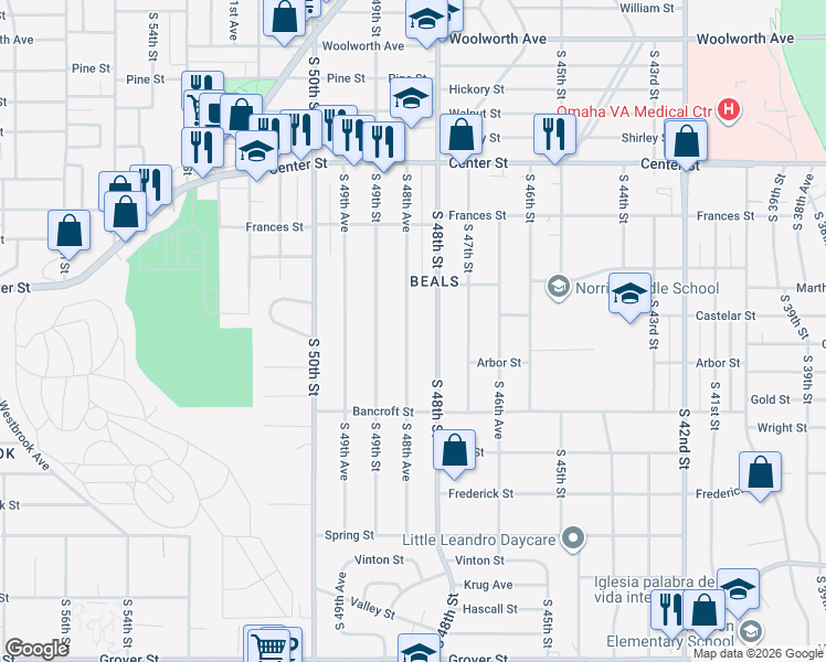 map of restaurants, bars, coffee shops, grocery stores, and more near 2413 South 48th Avenue in Omaha