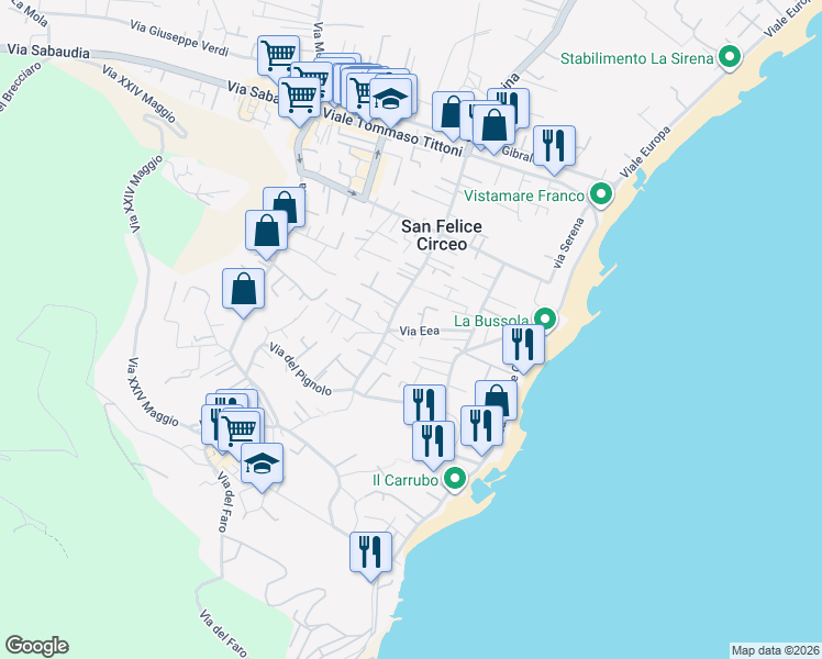 map of restaurants, bars, coffee shops, grocery stores, and more near 13 Via Eea in San Felice Circeo