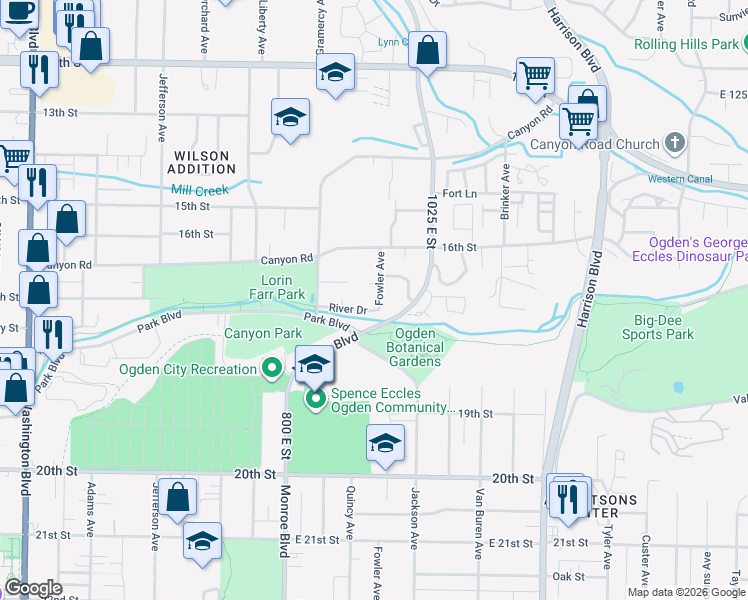 map of restaurants, bars, coffee shops, grocery stores, and more near 1679 Fowler Avenue in Ogden