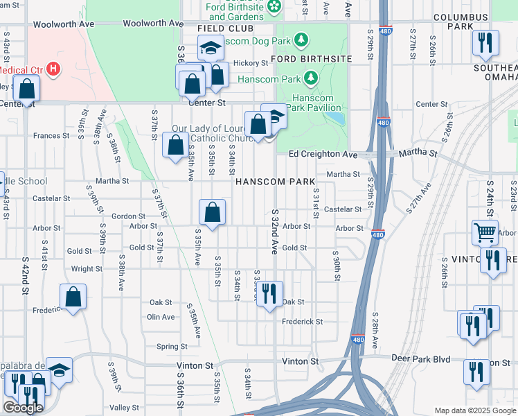 map of restaurants, bars, coffee shops, grocery stores, and more near 2333 South 33rd Street in Omaha
