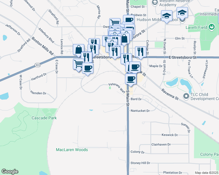 map of restaurants, bars, coffee shops, grocery stores, and more near Veterans Way in Hudson