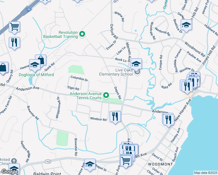 map of restaurants, bars, coffee shops, grocery stores, and more near 25 Russell Road in Milford