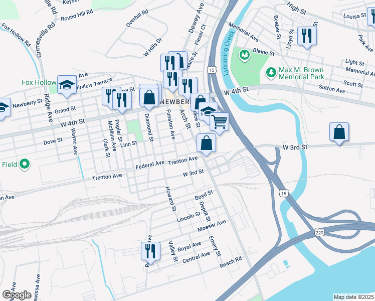 map of restaurants, bars, coffee shops, grocery stores, and more near 2020 Federal Avenue in Williamsport