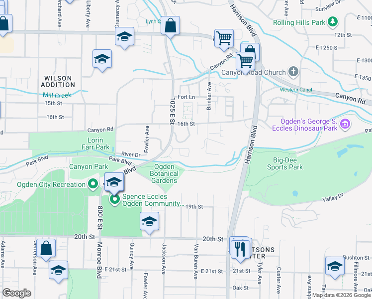 map of restaurants, bars, coffee shops, grocery stores, and more near 1684 1085 East in Ogden