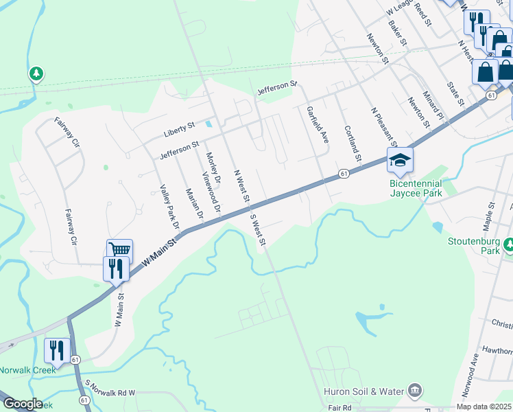 map of restaurants, bars, coffee shops, grocery stores, and more near West Main Street in Norwalk