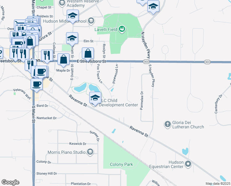 map of restaurants, bars, coffee shops, grocery stores, and more near 79 Fox Trace Lane in Hudson