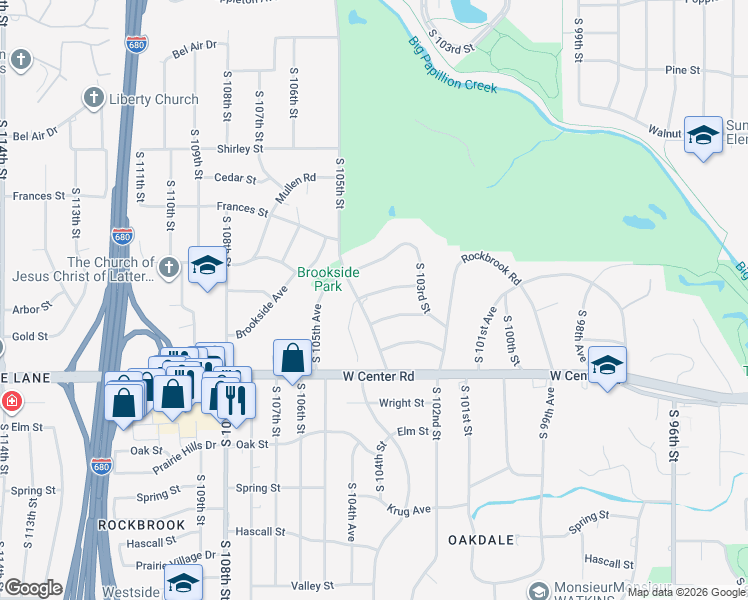 map of restaurants, bars, coffee shops, grocery stores, and more near 10403 Pinehurst Avenue in Omaha