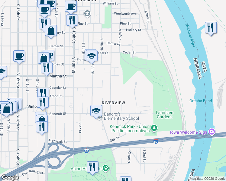 map of restaurants, bars, coffee shops, grocery stores, and more near 2413 South 6th Street in Omaha