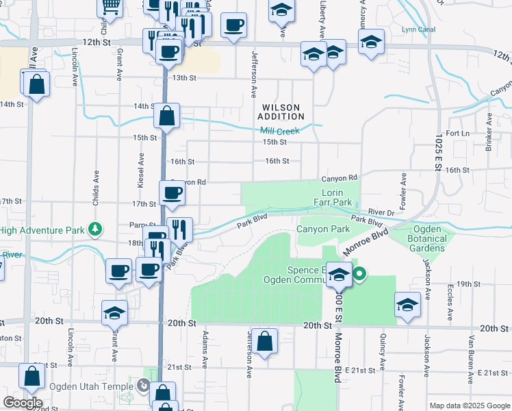 map of restaurants, bars, coffee shops, grocery stores, and more near East 1700 South in Ogden