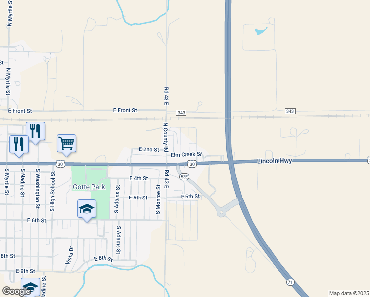 map of restaurants, bars, coffee shops, grocery stores, and more near 225 Buffalo Street in Kimball