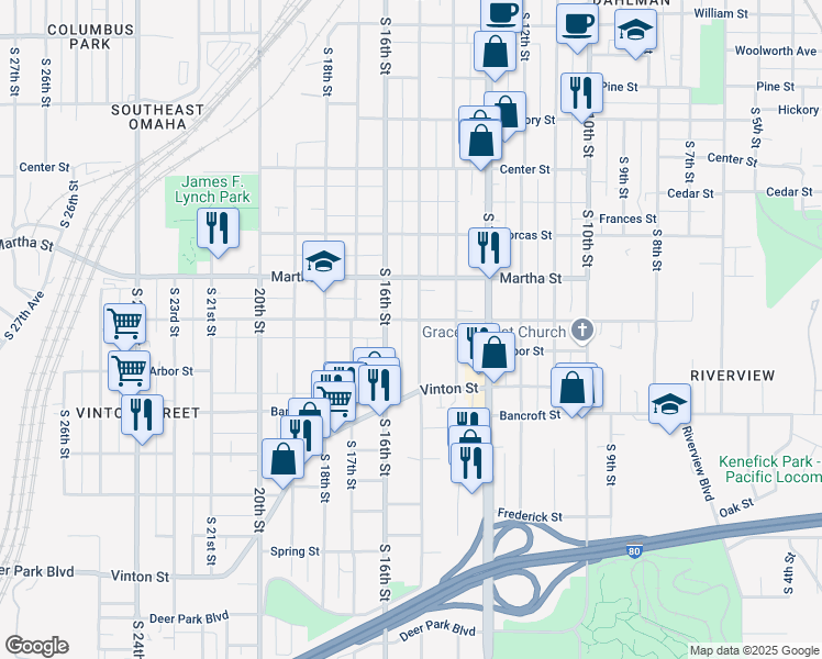 map of restaurants, bars, coffee shops, grocery stores, and more near 2406 South 15th Street in Omaha