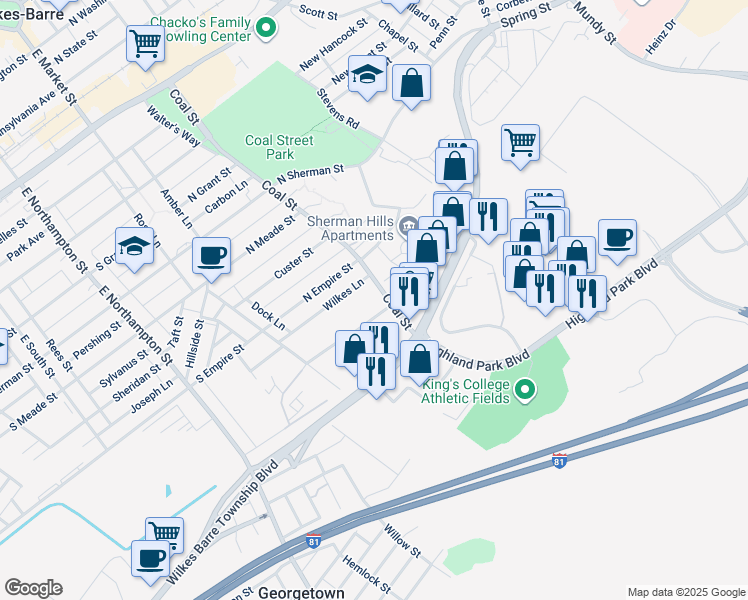 map of restaurants, bars, coffee shops, grocery stores, and more near 2-148 J Campbell Collins Dr in Wilkes-Barre
