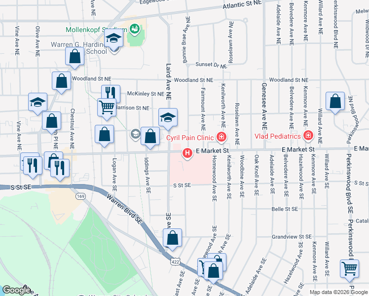 map of restaurants, bars, coffee shops, grocery stores, and more near 1373 East Market Street in Warren