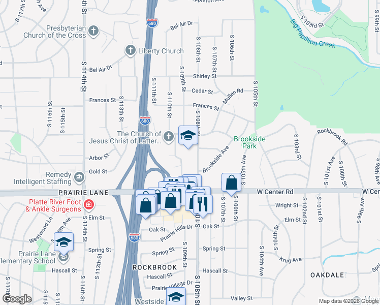 map of restaurants, bars, coffee shops, grocery stores, and more near 2514 South 108th Street in Omaha