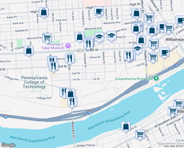 map of restaurants, bars, coffee shops, grocery stores, and more near 753 2nd Street in Williamsport
