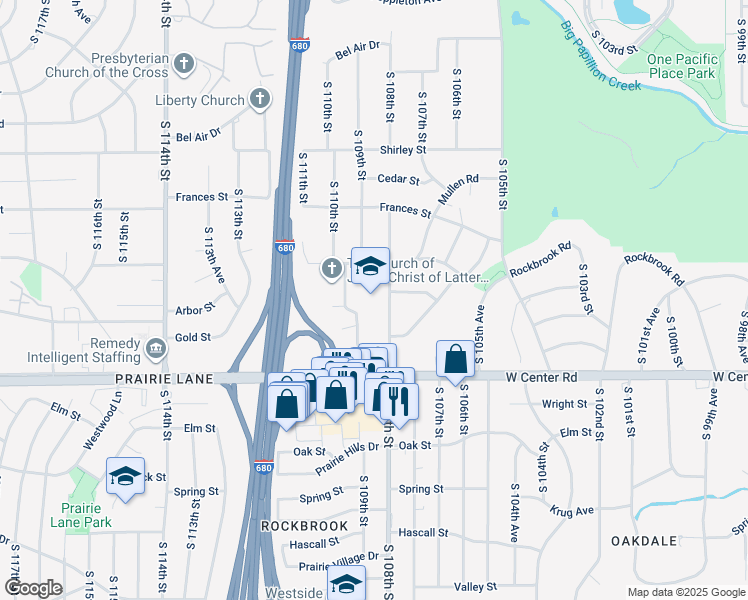 map of restaurants, bars, coffee shops, grocery stores, and more near 2514 South 108th Street in Omaha