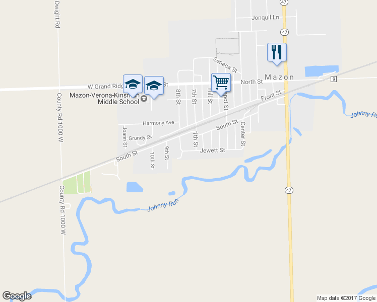 map of restaurants, bars, coffee shops, grocery stores, and more near 623 Jewett Street in Mazon