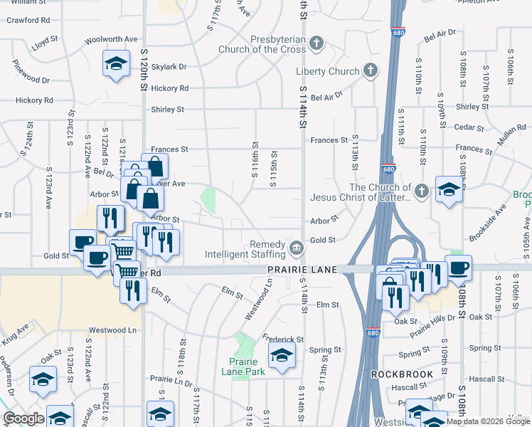 map of restaurants, bars, coffee shops, grocery stores, and more near 11442 Castelar Circle in Omaha