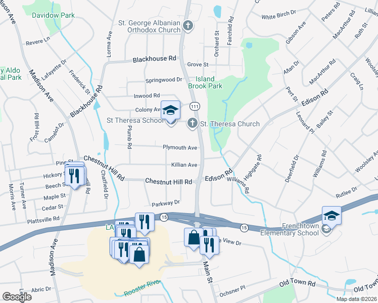 map of restaurants, bars, coffee shops, grocery stores, and more near 24 Plymouth Avenue in Trumbull