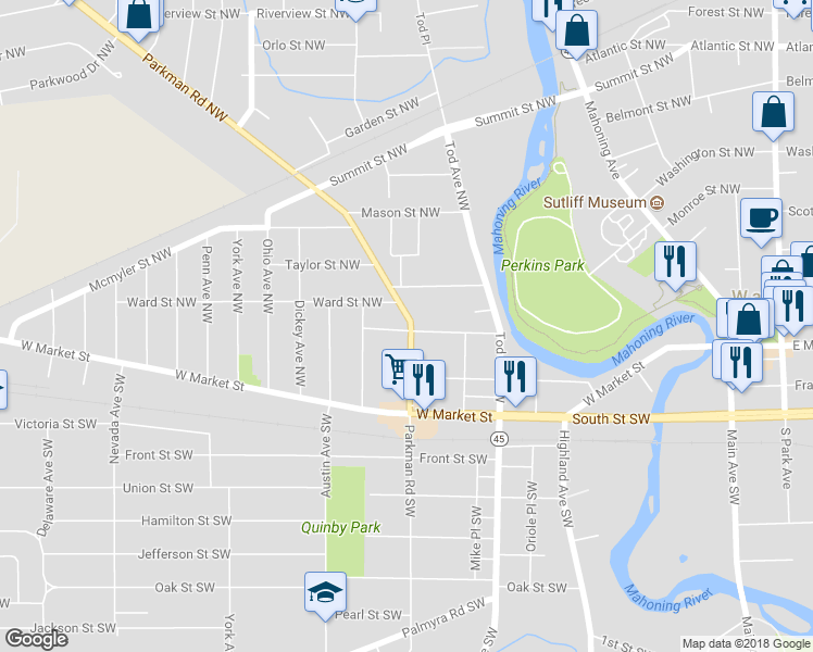 map of restaurants, bars, coffee shops, grocery stores, and more near 305 U.S. 422 in Warren