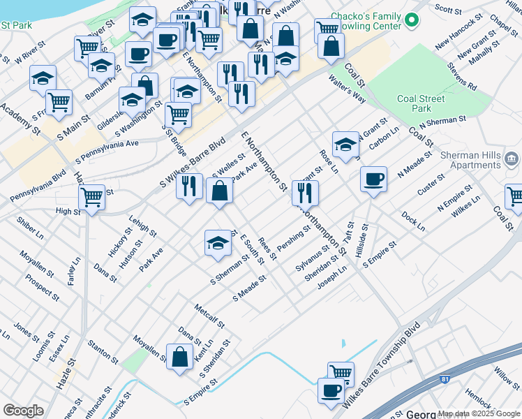 map of restaurants, bars, coffee shops, grocery stores, and more near 157 South Grant Street in Wilkes-Barre