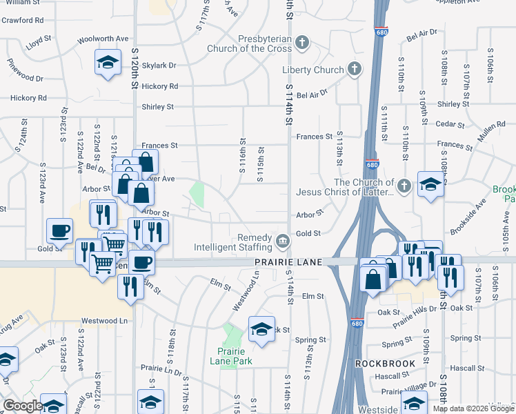 map of restaurants, bars, coffee shops, grocery stores, and more near 11442 Castelar Circle in Omaha