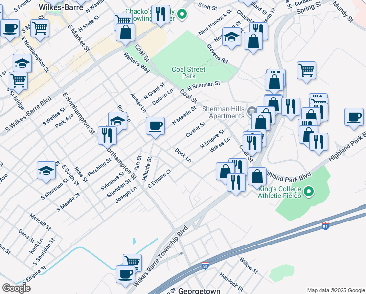 map of restaurants, bars, coffee shops, grocery stores, and more near 16 Reno Lane in Wilkes-Barre