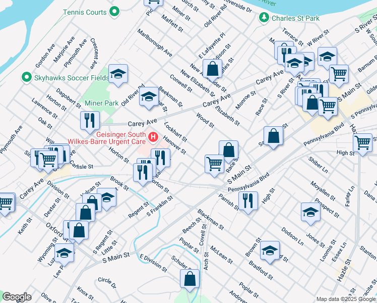 map of restaurants, bars, coffee shops, grocery stores, and more near 91 Hanover Street in Wilkes-Barre