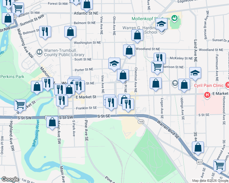 map of restaurants, bars, coffee shops, grocery stores, and more near 453 East Market Street in Warren