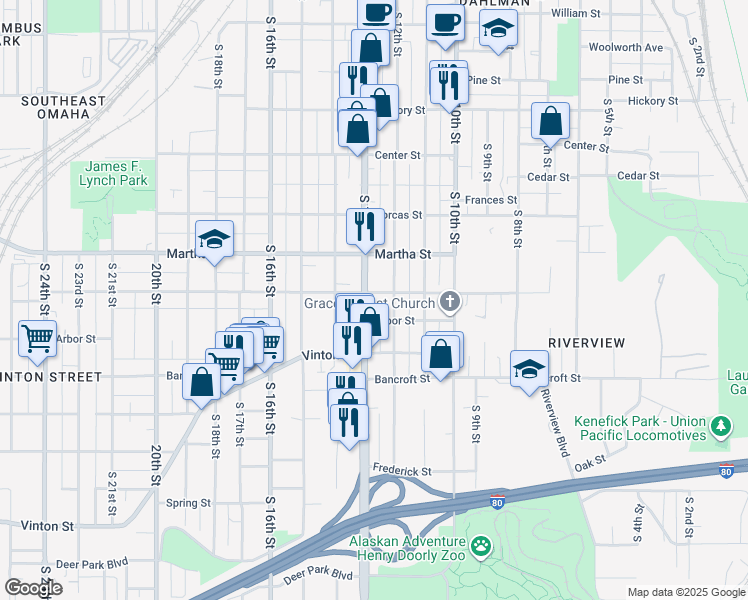 map of restaurants, bars, coffee shops, grocery stores, and more near 2408 South 12th Street in Omaha
