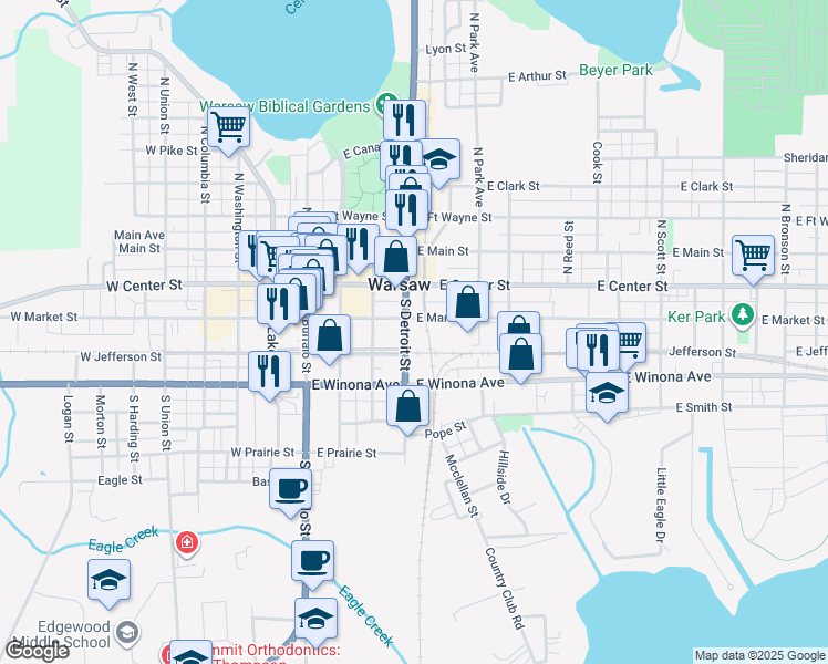 map of restaurants, bars, coffee shops, grocery stores, and more near 201 South Detroit Street in Warsaw