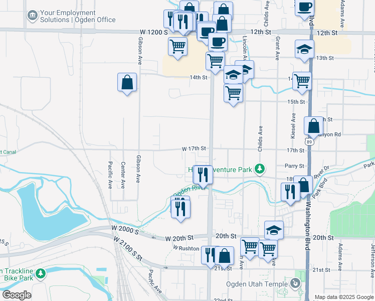 map of restaurants, bars, coffee shops, grocery stores, and more near 187 West 17th Street in Ogden