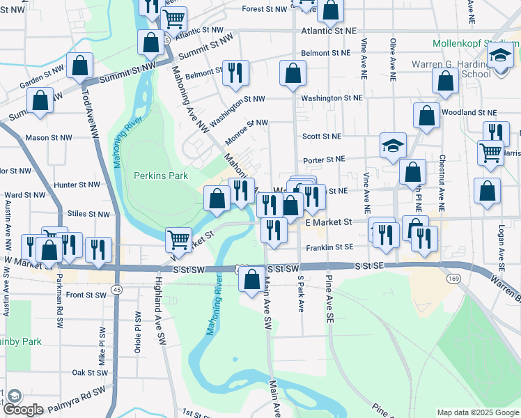 map of restaurants, bars, coffee shops, grocery stores, and more near 143 Mahoning Avenue in Niles