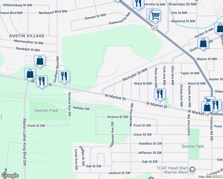 map of restaurants, bars, coffee shops, grocery stores, and more near 149 Delaware Avenue Northwest in Warren