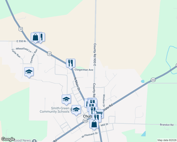 map of restaurants, bars, coffee shops, grocery stores, and more near 218 Clingerman Avenue in Churubusco