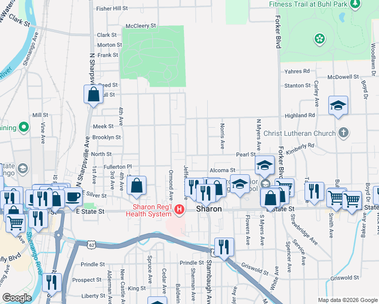 map of restaurants, bars, coffee shops, grocery stores, and more near 801 Pearl Street in Sharon