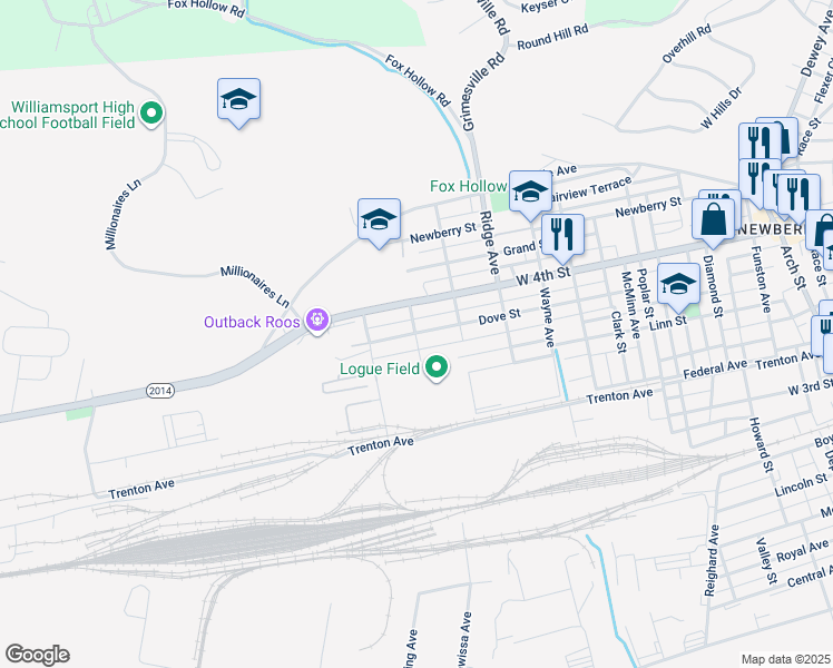 map of restaurants, bars, coffee shops, grocery stores, and more near 2799 Dove Street in Williamsport