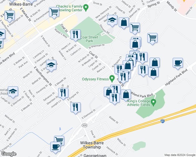 map of restaurants, bars, coffee shops, grocery stores, and more near 73 North Empire Street in Wilkes-Barre