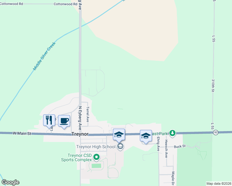 map of restaurants, bars, coffee shops, grocery stores, and more near 109 Firethorn Drive in Treynor